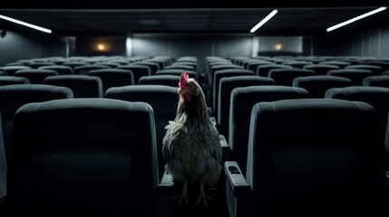 AI generated illustration of A rooster standing in an empty auditorium - obrazy, fototapety, plakaty