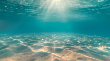 Fototapeta na wymiar Blue tropical ocean above, seabed sand below, empty underwater background with the summer sun shining brightly, creating ripples in the calm sea water.