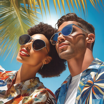 AI generated illustration of a couple with sunglasses under a palm tree