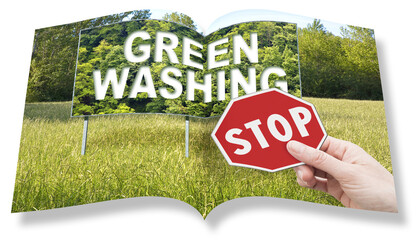 Stop Greenwashing concept with advertising signboard in a rural