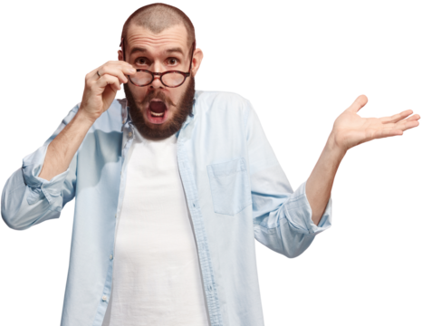 Young emotional surprised man in glasses standing with open mouth isolated on transparent background. Shock, misunderstanding, unexpected news. Human emotions, facial expression concept.