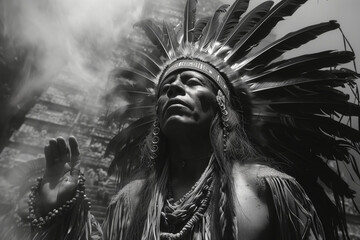 Black and white portrait of a man wearing a traditional Indian headdress, AI-generated.