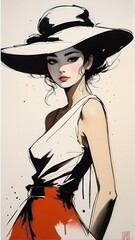 AI generated illustration of a stylish woman wearing a large hat