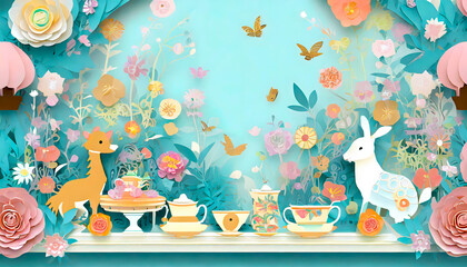 Obraz premium Papercut image of an enchanting garden tea party of cute cartoon animals