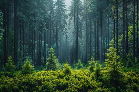 Lush green forest scenery with a hazy atmosphere, creating a serene and mysterious woodland landscape