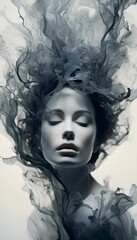 AI generated illustration of surreal alcohol ink artwork of a woman enveloped by ethereal clouds