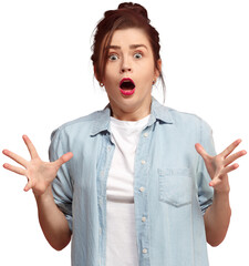 Wow. Young emotional surprised woman standing and looking at camera. expressing shock isolated on...
