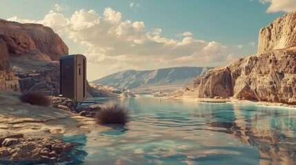 An atmospheric water generator in a desert oasis, showcasing the technology's ability to provide...