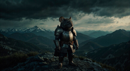 Obraz premium Cartoon samurai rat in armor in the mountains against the backdrop of dark clouds.