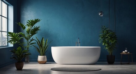 Modern design, bathroom in blue tones, with luxurious green planters with large windows
