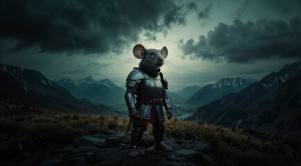 Cartoon samurai rat in armor in the mountains against the backdrop of dark clouds. - obrazy, fototapety, plakaty