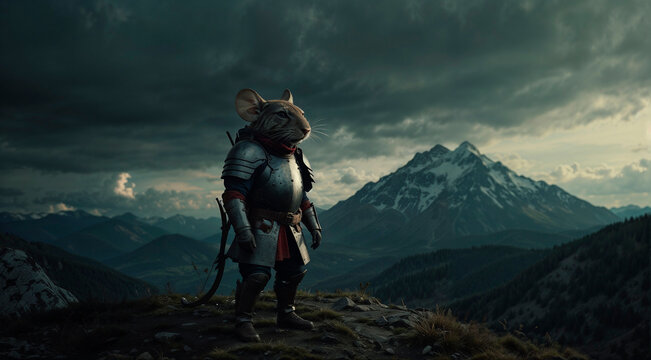 Cartoon samurai rat in armor in the mountains against the backdrop of dark clouds.