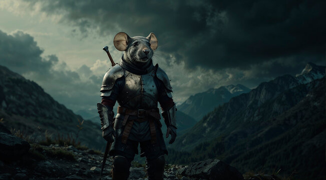 Cartoon samurai rat in armor in the mountains against the backdrop of dark clouds.
