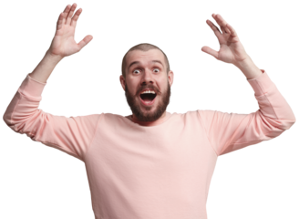 Wow, success. Young man in pink sweatshirt expressing positive shock, feeling happy and excited about victory isolated on transparent background. Concept of human emotions, facial expression.