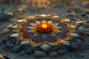 Beautifully lit mandala artwork in intricate colors, AI-generated.