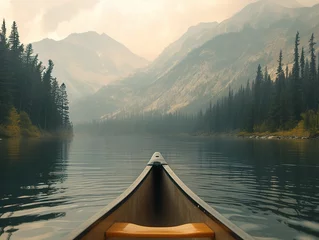 Foto op Canvas AI-generated illustration of a canoe on the lake with a mountain backdrop © Wirestock