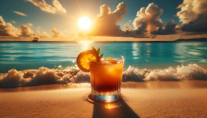 AI-generated illustration of the Tequila Sunrise cocktail on the beach - obrazy, fototapety, plakaty