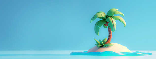 Pixeled simple cartoon 3d tropical island with palm tree. Summer trip banner. Copy space.