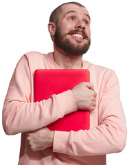 Happy and excited young man holding laptop and smiling isolated on transparent background. Success in business and education. Concept of human emotions, facial expression.