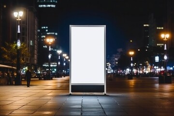 A Mockup of a blank white vertical advertising banner billboard stand on the city square at night. - obrazy, fototapety, plakaty