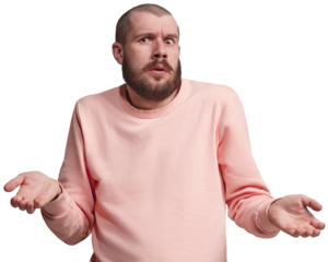 What emotions. Young man expressing misunderstanding and frustration, spreading hands with questioning face isolated on transparent background. Concept of human emotions, facial expression.