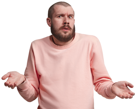 What emotions. Young man expressing misunderstanding and frustration, spreading hands with questioning face isolated on transparent background. Concept of human emotions, facial expression.