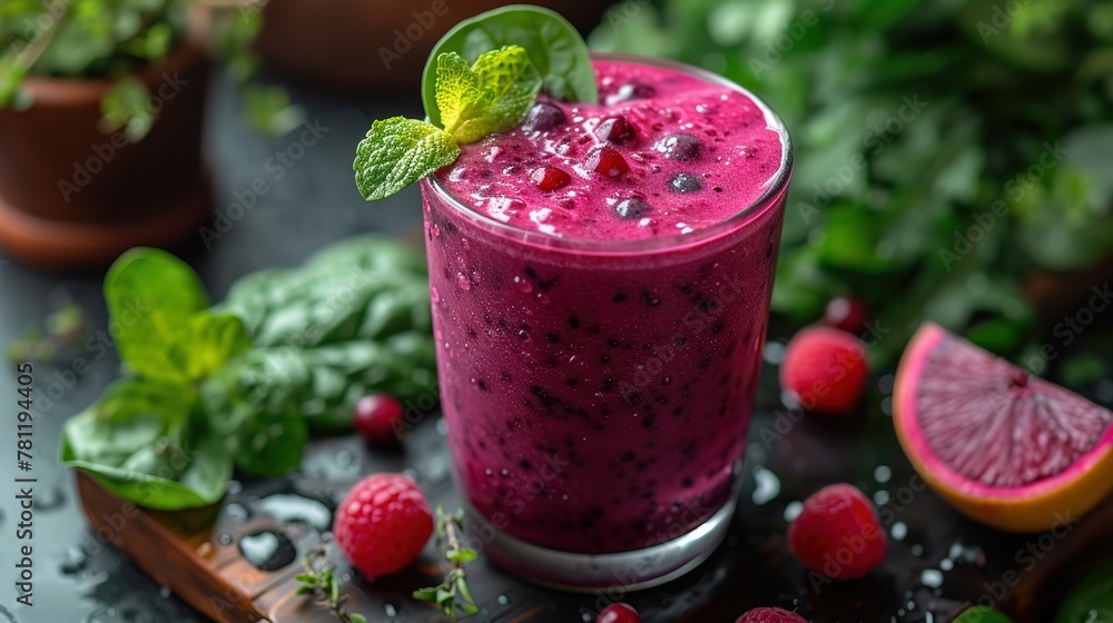 Poster AI generated illustration of a berry spinach smoothie with banana, Greek yogurt and almond milk