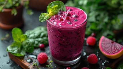 AI generated illustration of a berry spinach smoothie with banana, Greek yogurt and almond milk - obrazy, fototapety, plakaty