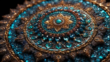 AI generated illustration of a blue brooch with green crystals and gold accents