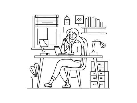 woman working on laptop line art vector design
