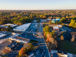 Aerial landscape of parking lot on Glenwood Avenue during fall in Decatur Atlanta Georgia