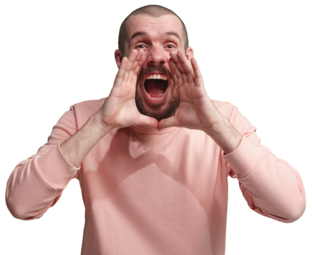 Young man emotionally shouting isolated on transparent background. Do not miss important news, awareness. Concept of human emotions, facial expression.