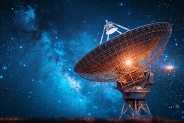 a satellite dish in the night sky - obrazy, fototapety, plakaty