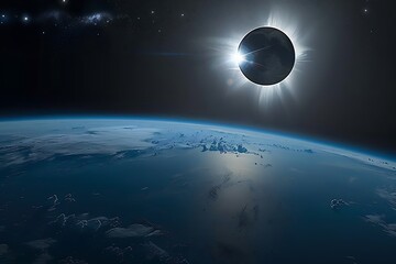 Earth and solar eclipse. Artwork of the Earth in space looking down from an altitude of a few thousand kilometres, during a solar eclipse. The Sun can be seen (top right) revealing its brilliant coron