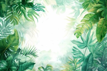 Watercolor illustration of a frame from tropical leaves with a white copy space on a center. AI generated - 781195009