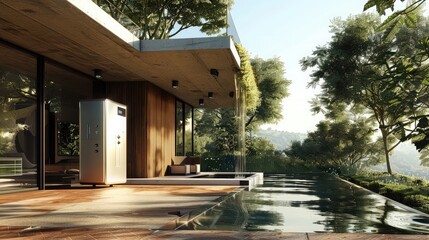 An atmospheric water generator integrated into a sustainable home design, highlighting the role of renewable water sources in modern architecture, - obrazy, fototapety, plakaty