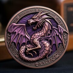 AI generated illustration of a purple and black dragon belt buckle resting on sleek black bookcases
