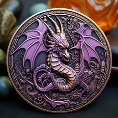 AI generated illustration of a dragon-themed buckle featuring wings and a purple dragon motif