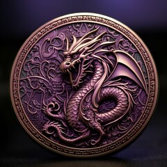 AI generated illustration of purple button featuring a fierce dragon head on a sleek black tabletop