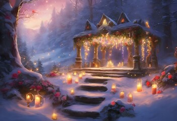 AI generated illustration of a snow-covered gazebo adorned with lights and flickering candles - obrazy, fototapety, plakaty