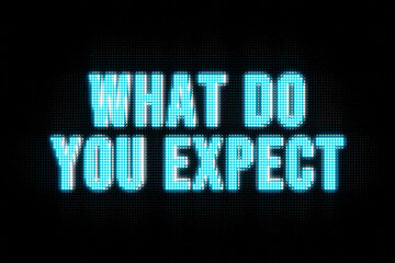 What do you expect? Banner in blue capital letters. The text, what do you expect, illuminated. Reyquirements, skills, expectation, challenge, test, instructions.