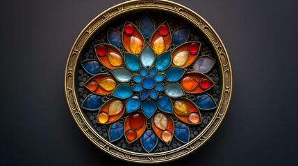 AI generated illustration of a large round glass brooch with vibrant interior gemstones - obrazy, fototapety, plakaty