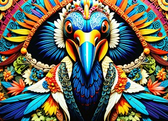 AI generated illustration of an intricately designed painting featuring a peacock bird