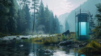 An atmospheric water generator in a remote wilderness area, illustrating the technology's ability to provide water in off-grid locations, - obrazy, fototapety, plakaty