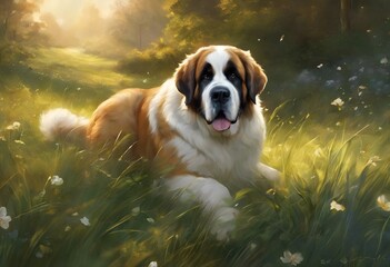 AI generated illustration of a serene artwork featuring a dog resting amidst lush green meadows
