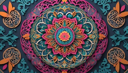 AI generated illustration of paper artwork with intricate designs and vibrant colored circles
