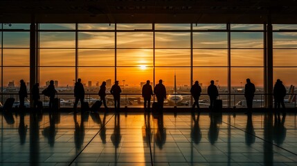 AI generated illustration of a group of people waiting to board plane at sunset