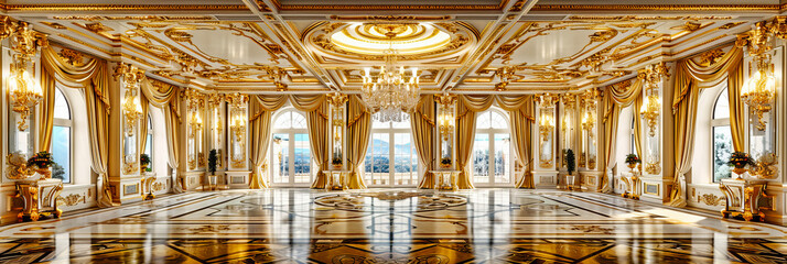 Grand Hall in a Historic Palace, Embellished with Opulent Gold Decorations and Luxurious Art, Evoking Royal Splendor - obrazy, fototapety, plakaty