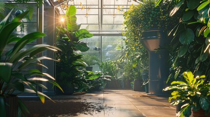 An atmospheric water generator in a greenhouse, demonstrating the potential for integrated water collection in agricultural settings, - obrazy, fototapety, plakaty