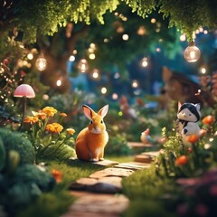 AI generated illustration of a small rabbit and dog in a scenic field among trees - obrazy, fototapety, plakaty